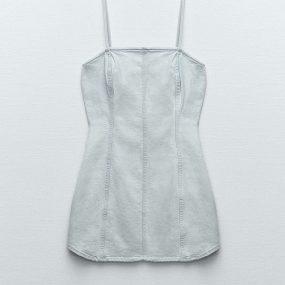 ZARA Denim Mini Dress Light Blue Spaghetti  Straps Side Zipper Size M - Picture 9 of 11